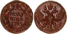 Russia Polushka 1749
Bit# 375; 0.75 R by Petrov; Copper; 3.93 g.; Wire edge; Natural patina; Rare in that high condition; UNC