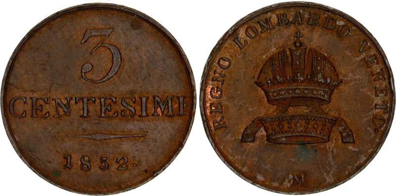 Italian States Kingdom of Lombardy-Venetia 3 Centesimi 1852 M
C# 26; N# 17424; ...