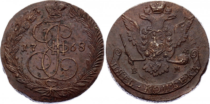Russia 5 Kopeks 1768 EM
Bit# 615; Copper 5.17g
