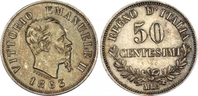 Italy 50 Centesimi 1863 MBN Overstrike
KM# 14.1; N# 4258; Silver; Vittorio Eman...