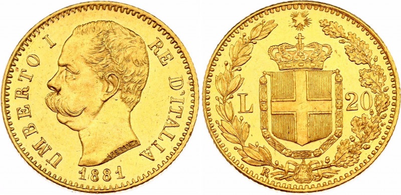 Italy 20 Lire 1881 R
KM# 21; N# 19764; Gold (.900); Umberto I; Mint luster; AUN...