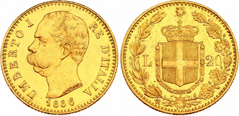 Italy 20 Lire 1886 R
KM# 21; N# 19764; Gold (.900); Umberto I; Mint luster; AUN...