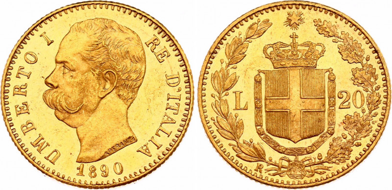 Italy 20 Lire 1890 R
KM# 21; N# 19764; Gold (.900); Umberto I; Mint luster; AUN...