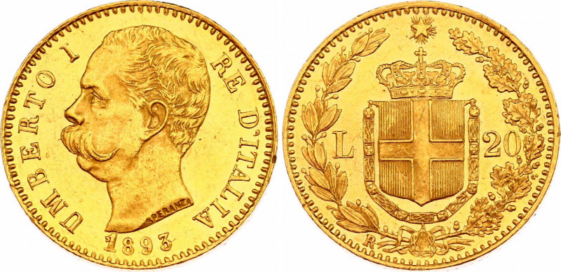 Italy 20 Lire 1893 R
KM# 21; N# 19764; Gold (.900); Umberto I; Mint luster; AUN...