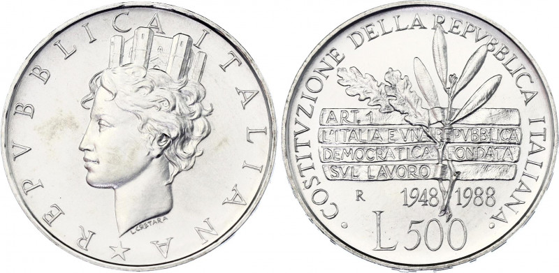 Italy 500 Lire 1988 R
KM# 126; N# 12028; Silver; 40th Anniversary of Italian Co...