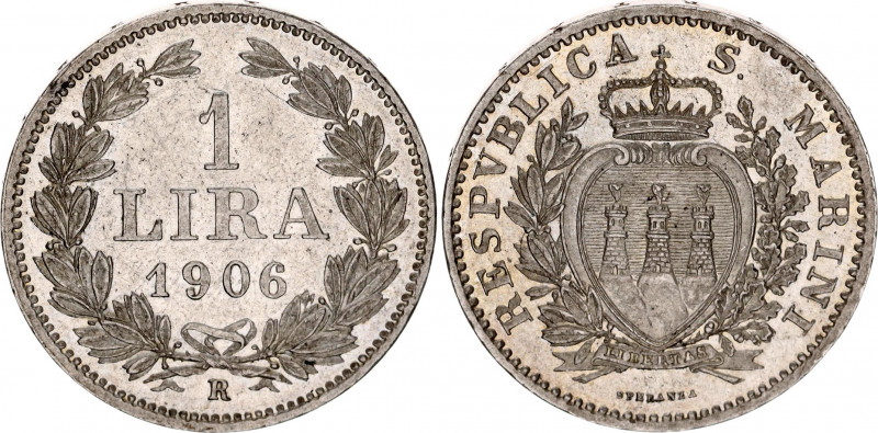 San Marino Lira 1906 R
KM# 4; Silver; Mintage 30000 pcs; UNC with mint luster &...