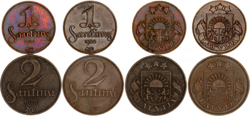 Latvia Lot of 4 Coins 1922 - 1935
2 x 1 & 2 Santimi 1922 - 1935; XF/AUNC