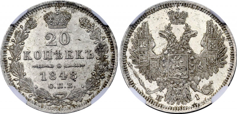 Russia 20 Kopeks 1848 СПБ HI NGC MS 62
Bit# 335; C# 165; N# 9396; Silver