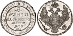 Russia 3 Roubles 1830 СПБ
Bit# 75 R; Platinum 10.35 g.; 10 R by Ilyin; Very rare; Bright lustre; Mechanical damage; Attractive collectible sample; AU...