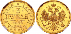 Russia 3 Roubles 1874 СПБ HI R NGC MS 63
Bit# 36 R; Conros# 21/6; Gold; Alexander II; UNC. Very rare in high grade!