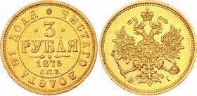 Russia 3 Roubles 1875 СПБ HI R
Bit# 37 (R); Gold (.917), 3.93 g. UNC.