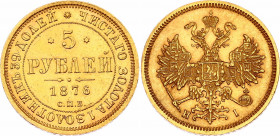 Russia 5 Roubles 1876 СПБ HI
Bit# 24; Gold (.917), 6.54 g. UNC.