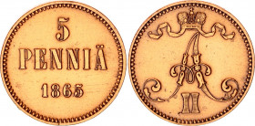 Russia - Finland 5 Pennia 1865 Double Strike
Bit# 657; Copper 6.27 g.; XF