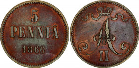 Russia - Finland 5 Pennia 1866
Bit# 658; Copper; VF-XF