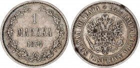 Russia - Finland 1 Markka 1874 S
Bit# 631; KM# 3.2, Schön# 6; N# 4435; Silver; VF-XF