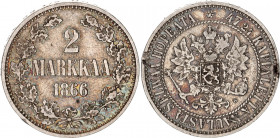 Russia - Finland 2 Markkaa 1866 S
Bit# 618; KM# 7, Schön# 7; N# 32440; Silver; VF-XF