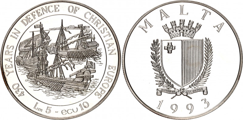 Malta 5 Liri / 10 Ecu 1993
KM# 104; Silver., Proof; 430th Anniversary of the De...