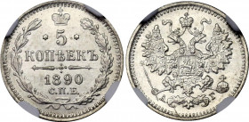 Russia 5 Kopeks 1890 СПБ АГ NGC MS 65
Bit# 150; Silver