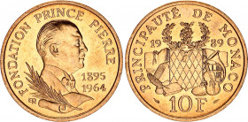 Monaco 10 Francs 1989
KM# 162; N# 7925; Aluminium-Nickel-Bronze; Rainier III; 25th Anniversary of the Death of Prince Pierre; Mint: Paris; UNC