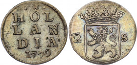 Netherlands Holland 2 Stuivers 1779
KM# 48; Silver; AUNC/UNC, weak strike