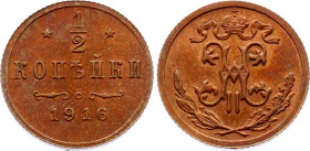 Russia 1/2 Kopek 1916 R
Bit# 276 R; Very beautiful red copper coin! UNC.