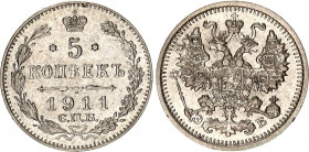 Russia 5 Kopeks 1911 СПБ ЭБ
Bit# 187; Silver 0.92g; Bright lustre; UNC