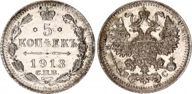 Russia 5 Kopeks 1913 СПБ ВС
Bit# 190; Silver 0.92g; Mint lustre; UNC