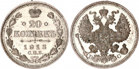 Russia 20 Kopeks 1913 СПБ ВС
Bit# 115; Silver 3.60g; Full mint lustre; UNC