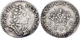 Norway 8 Skilling 1705
KM# 209; N# 75266; Silver; Frederick IV; XF