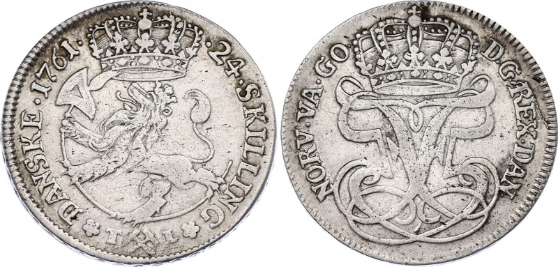 Norway 24 Skilling 1761 TL
KM# 236; N# 55890; Silver; Frederick V; VF