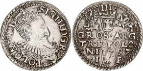 Poland 3 Groschen / Trojak 1597 Sigismund III Vasa
Iger O.97.2.h; Silver; Sigismund III Vasa (1587-1632); Mint: Olkusch (Olkusz); XF