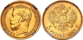 Russia 5 Roubles 1897 АГ NGC MS 62
Bit# 18; Gold (.900) 4.30 g., 18.5 mm., mint luster.