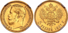 Russia 5 Roubles 1897 АГ NGC MS 63
Bit# 18; Gold (.900) 4.30 g., 18.5 mm., mint luster.