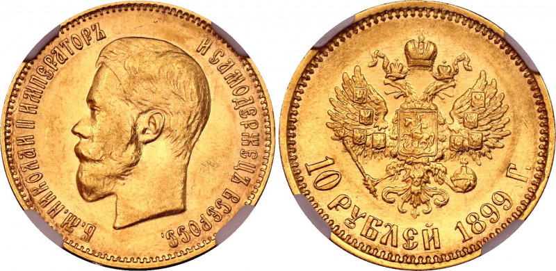 Russia 10 Roubles 1899 ФЗ NGC AU 55
Bit# 6; Gold (.900) 8.60 g.; AU-UNC, mint l...