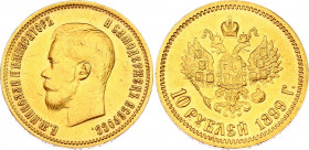Russia 10 Roubles 1899 ФЗ
Bit# 6; Gold (.900) 8.60 g.; AU-UNC, mint luster.
