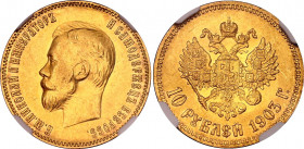 Russia 10 Roubles 1903 AP NGC MS 63
Bit# 11; Gold (.900) 8.60 g.; AUNC, mint luster