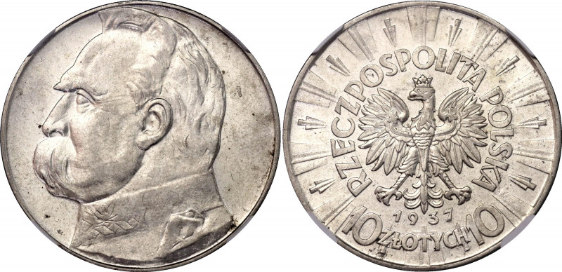 Poland 10 Zlotych 1937 NGC MS 61
Y# 29; N# 6631; Silver; Józef Piłsudski