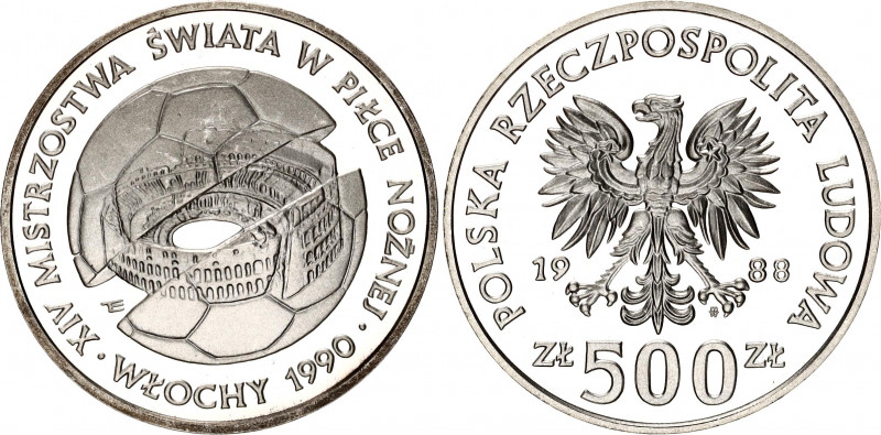 Poland 500 Zlotych 1988
KM# 184; Silver., Proof; Football World Championship, C...