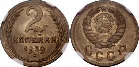 Russia - USSR 2 Kopeks 1939 NGC MS 63
Y# 106; Aluminium-bronze