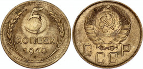 Russia - USSR 5 Kopeks 1940
Y# 108; Aluminum-Bronze 4,86g.; UNC.
