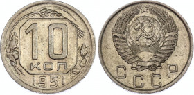 Russia - USSR 10 Kopeks 1951
Y# 116; Copper-Nickel 1,71g.; UNC.