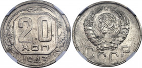 Russia - USSR 20 Kopeks 1943 NGC MS 63
Y# 111; Copper-nickel