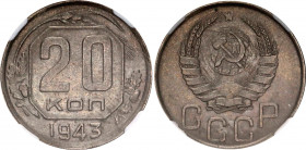 Russia - USSR 20 Kopeks 1943 NGC MS 61
Y# 111; Copper-Nickel; UNC