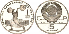Russia - USSR 5 Roubles 1979 ЛМД NGC PF 64 ULTRA CAMEO
Y# 166; Silver; 1980 Summer Olympics in Moscow; Weightlifting; UNC Proof