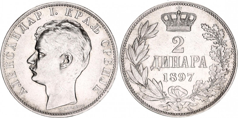 Serbia 2 Dinara 1897
KM# 22; Silver; Alexander I; UNC