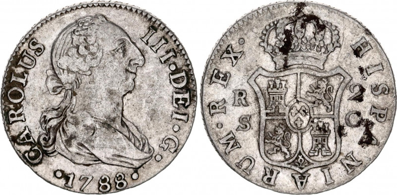 Spain 2 Reales 1788 SC
KM# 412.2; Silver; Carlos III; XF-