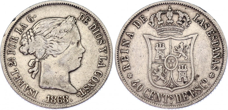 Spain 40 Centimos 1868
KM# 628.2; N# 14875; Silver; Isabella II; VF-XF