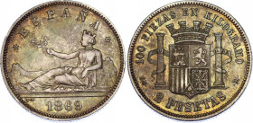 Spain 2 Pesetas 1869 (69) SNM
KM# 654; N# 4010; Provisional Government; XF
