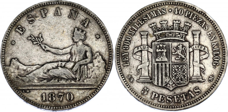 Spain 5 Pesetas 1870 SNM
KM# 655; Cal# 3; N# 6722; Silver; Provisional Governme...