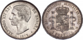 Spain 5 Pesetas 1875 DEM
KM# 671, Cal# 25; N# 3736; Silver; Alfonso XII; XF-AUNC